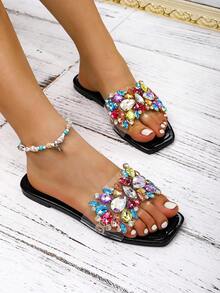 LAUREN WEAL High-End Crystal Decorated Gemstone Women's Sandals With Shiny Rhinestone Buckle - Black - View 2