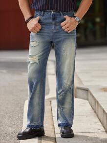 Manfinity Homme جينز رجالي بقصة مستقيمة ممزق - أزرق داكن - مشاهدة 6