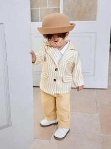 SHEIN 男童優雅條紋紳士西裝3件套，適用於秋冬季節 - 杏色 - 查看 6