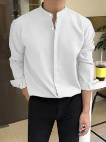 DAZY Koszula męska z kołnierzykiem stójkowym i guzikami, jesienna koszula męska z długim rękawem