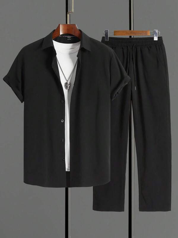 Manfinity Homme Men's Casual Solid Color Short Sleeve Shirt And Long Pants Two-Piece Set, Spring/Summer
