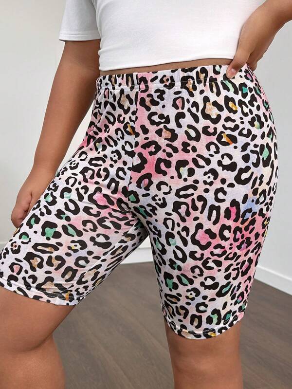 SHEIN Tween-Mädchen Bunte Strick-Sportshorts mit Leopardenmuster, Frühling/Sommer, erweiterte Größe