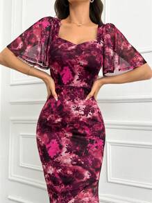 Modelyn Floral Print Butterfly Sleeve Split Back Dress Long Evening Dresses - Multicolor - View 1