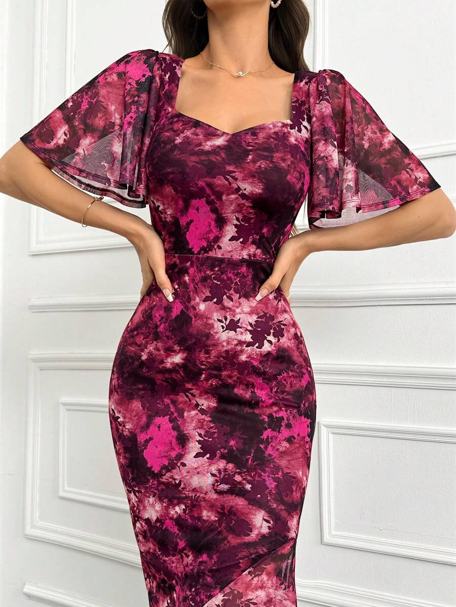 Modelyn Floral Print Butterfly Sleeve Split Back Dress Long Evening Dresses - Multicolor - View 1