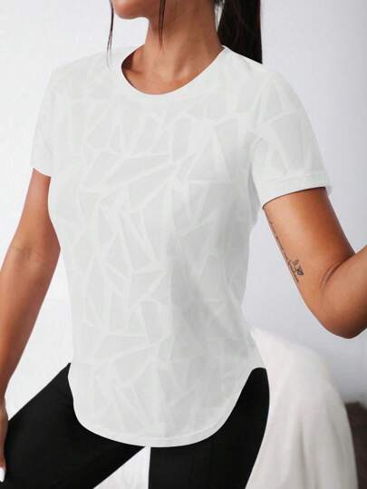 Easithlete Geo Print Curved Hem Sports Tee Compression Shirt Gym Women Shirts