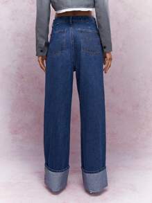 MISSGUIDED Contrast Hem Detail Straight Leg Jeans - Dark Wash - View 2