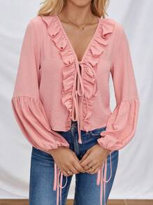 SHEIN LUNE Camisa de manga de farol para mujer con dobladillo de volantes y cinturón de lazo
