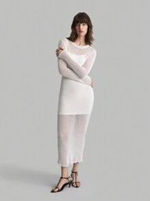 Ontre Damen lang gestrickes Kleid mit Hohlmuster, weiß, für die Herbstsaison - Weiss - Übersicht 5