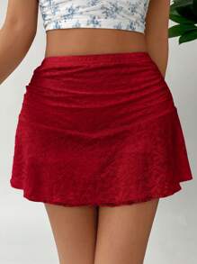 SHEIN EZwear Solid Color Floral Lace Mini Skirt - Red - View 3