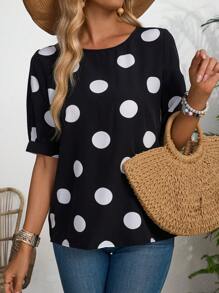 EMERY ROSE 女士圓點花紋夏季休閒短袖襯衫 - 黑與白 - 查看 1