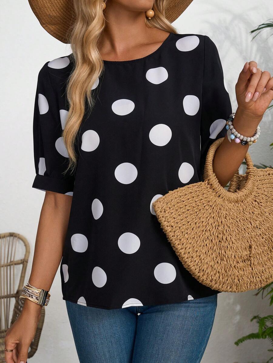 EMERY ROSE 女士圓點花紋夏季休閒短袖襯衫 - 黑與白 - 查看 1