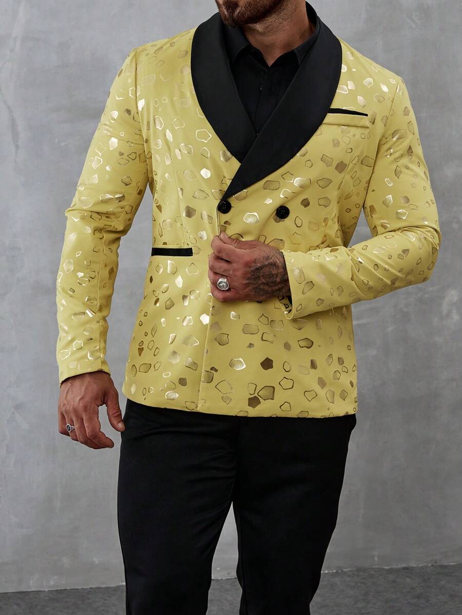 Manfinity AFTRDRK Men's Spring And Autumn Party Style Geometric Printed Contrast Color Shawl Collar Long Sleeve Suit Jacket And Pants Set With Gold Foil Printing