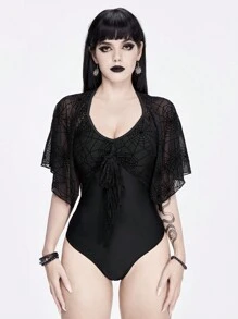 ROMWE Goth Spider Web Print One Piece Swimsuit - Black - View 4