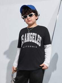 SHEIN Tween Boys Extended Size Color Block Casual 2 In 1 T-Shirt - Black - View 6