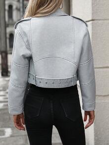 Women    Zip Up Crop Moto Jacket - Blue - View 7