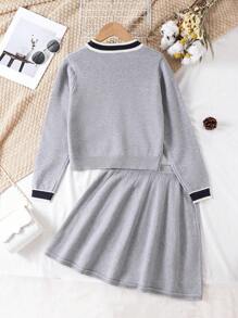 SHEIN Explorewe Tween Girls 灰色时尚休闲优雅学院风 V 领长袖上衣和裙子毛衣套装，适合日常外出和上学 - 灰色 - 查看 2