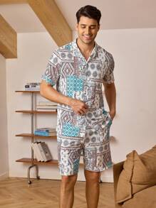 Men Patchwork Print Top & Shorts PJ Set / Pajama Set
