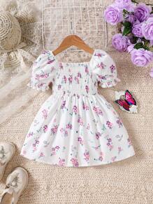 Vestido de verano sin mangas con cuello cuadrado e impresión floral para niñas pequeñas - Blanco - Ver 1