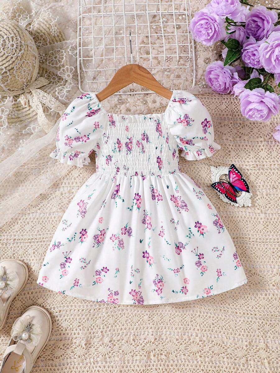 Vestido de verano sin mangas con cuello cuadrado e impresión floral para niñas pequeñas - Blanco - Ver 1