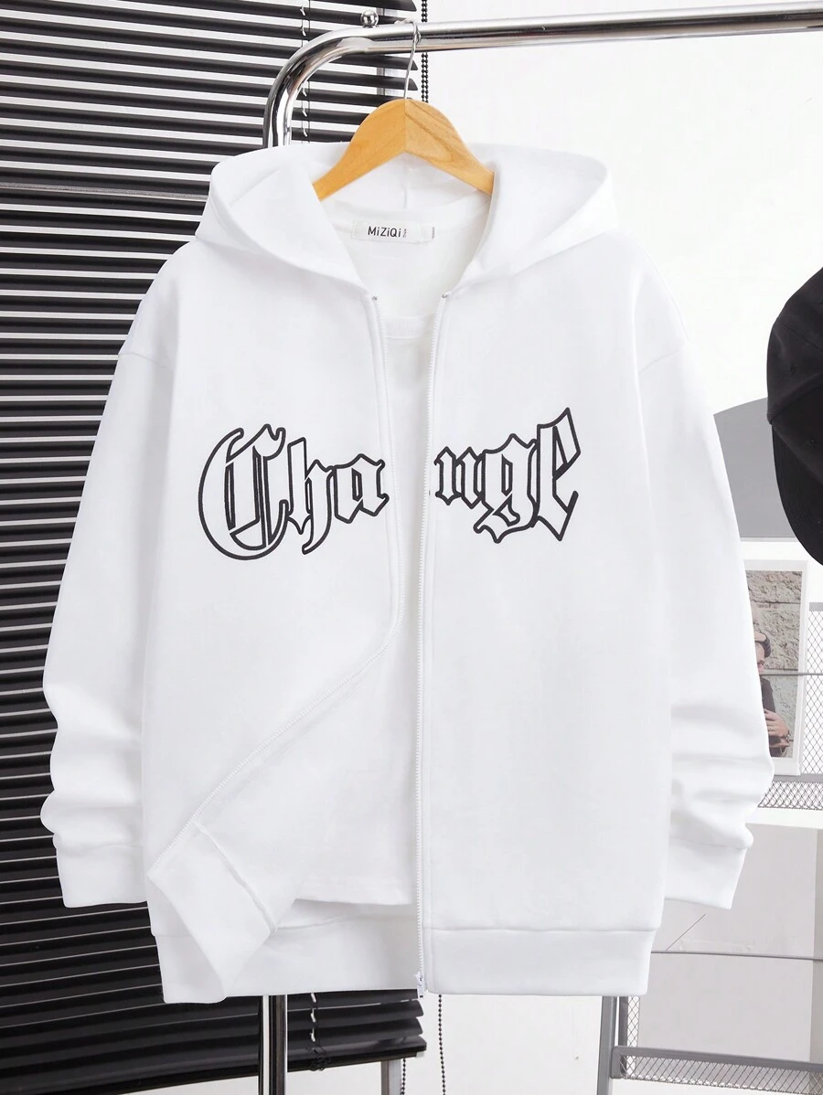 SHEIN Áo nỉ dáng rộng thoải mái dành cho nam thiếu niên, có khóa kéo phía trước và in chữ, thích hợp cho du lịch, đi học, mùa thu và mùa đông, có thể dùng như áo khoác ngoài. - trắng - Xem 1