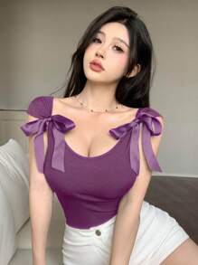 DAZY 蝴蝶结露背修身短袖女式 T 恤夏季 - 紫色 - 查看 4