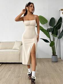 SHEIN EZwear Váy Cami đan dây xếp li màu trơn mùa hè dành cho nữ - Màu be - Xem 6