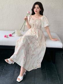 DAZY Váy ngắn tay họa tiết hoa mùa hè cho nữ, Đầm suông Milkmaid - Màu Hồng baby - Xem 3