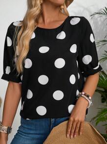 EMERY ROSE 女士圓點花紋夏季休閒短袖襯衫 - 黑與白 - 查看 3