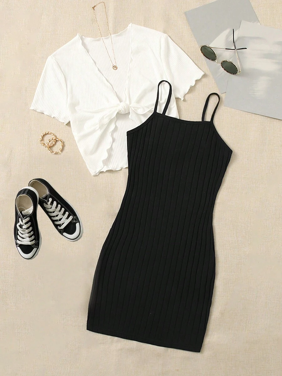 Tween Girl  Casual Back To School White Knit T-Shirt And Black Cami Dress Set