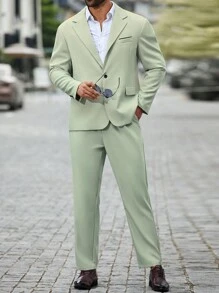Manfinity Mode Conjunto de traje casual para hombre de talla grande con chaqueta de traje de manga larga con cierre de un solo botón y pantalones de traje con bolsillos en unicolor - Verde - Ver 4