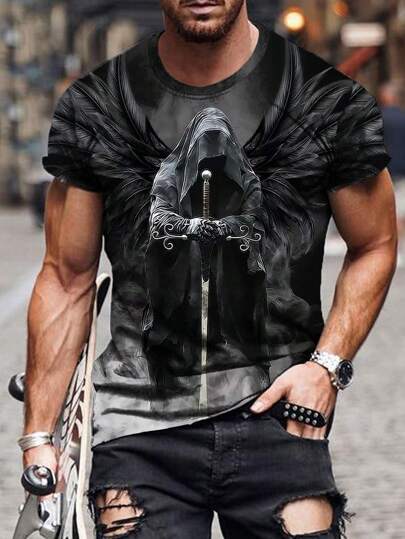 Camiseta casual de cuello redondo con estampado de calavera para hombres, para Halloween