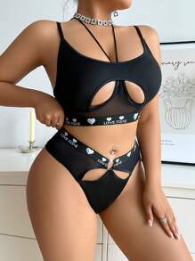 Set de 2 piezas de lencería sin alambre, talla grande, con banda elástica y estampado de letras, sujetador y pantie sexy