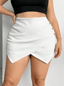 SHEIN LUNE High-Waisted Elastic Sexy Plus Size Women's Denim Shorts Skirt, Blue - White - View 1
