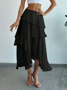 Firerie Women's Solid Color Multi-Layered Ruffle Trim Cake Layered A-Line Skirt, Slim Fit - Black - View 3