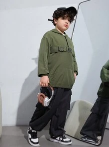 SHEIN Chaqueta informal con capucha de cremallera para chicos preadolescentes con tallas extendidas y estampado de letras, para otoño/invierno