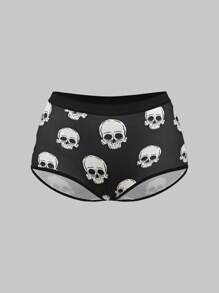 ROMWE 5pcs/Set Gothic Style Skeleton, Snake, Cross Pattern Knitted Lace Trim Panties - Black - View 5