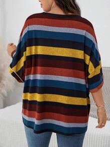 SHEIN LUNE Camiseta de manga murciélago a rayas de talla grande para verano - Multicolor - Ver 2