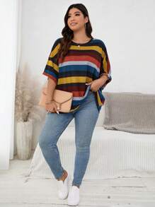 SHEIN LUNE Camiseta de manga murciélago a rayas de talla grande para verano - Multicolor - Ver 6