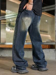 Jeans retro holgados de dos tonos en azul oscuro para hombres - Azul lavado oscuro - Ver 2