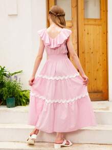 Tween Girls' Elegant Dress With Lace Decorated Neckline