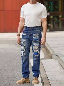 Manfinity Homme Men Solid Tee & Ripped Frayed Cat Scratch Baggy Jeans - Dark Wash - View 5