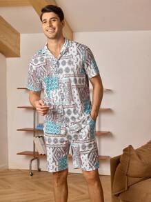 Men Patchwork Print Top & Shorts PJ Set / Pajama Set