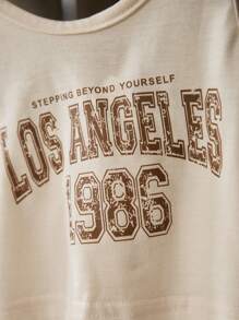 SHEIN Young Girls' Shoulder-Strap Letter Crop Top And Flare Pants Set - Khaki - View 3