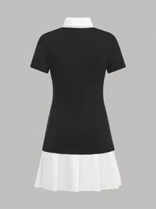 SHEIN Teen Girl Back To School Metal Decor Lapel Short Sleeve Pleated Patchwork Fitted Dress