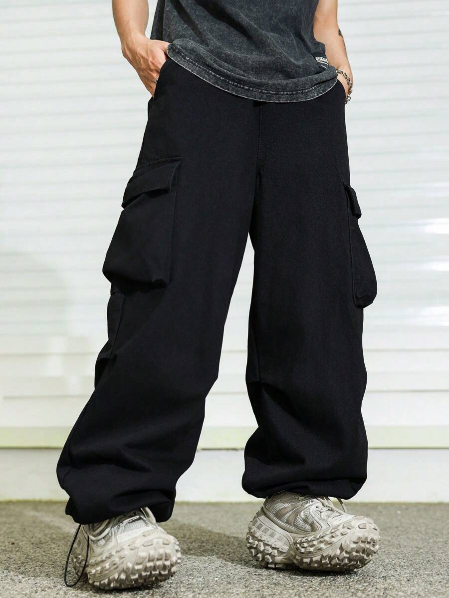 Manfinity Hypemode Men's Black Denim Workwear Baggy Jeans With Multiple Pockets And Wide Leg - Black - View 1