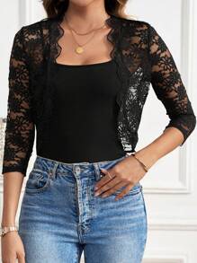 SHEIN Clasi Sheer Lace Scallop Trim Crop Jacket For Summer