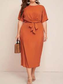 Fashionable Bowknot Tie Round Neck Short Sleeve Plus Size Dress Casual Summer Elegant - Orange - View 6
