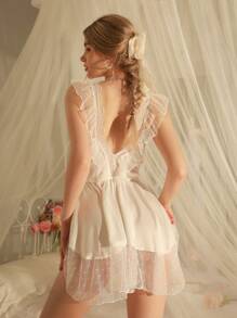 DelicateAllure Contrast Lace Bow Front Satin Night Babydoll Lingerie Dress  Cozy And Elegant Details - White - View 2