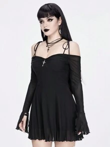 ROMWE Goth 性感露肩十字网眼紧身连衣裙，配有扭结和十字吊坠，适合新年 - 黑色 - 查看 6