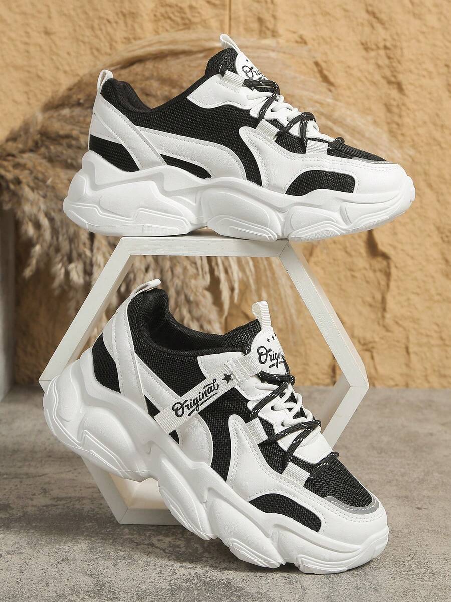 Autumn/Winter Wedge Heel & Thick Platform Lace-Up Women's White Sneakers, Fashionable Casual Shoes For Women, Anti-Slip Black Chunky Sneakers With Waterproof Platform - Black - View 1
